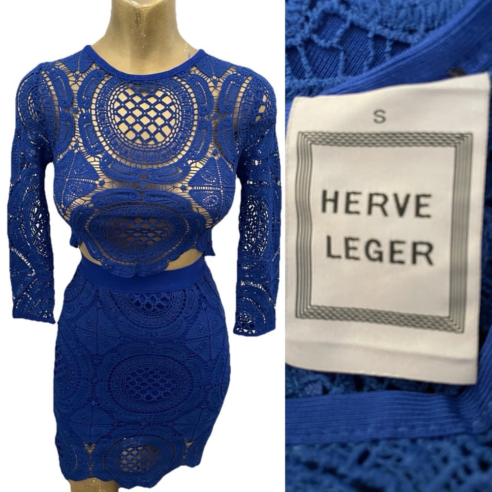 RARE Vintage 90s HERVE LEGER Blue Lace SKIRT and Top SET Size Small EUC